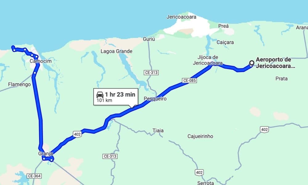 Map showing route from Cruz airport to resort