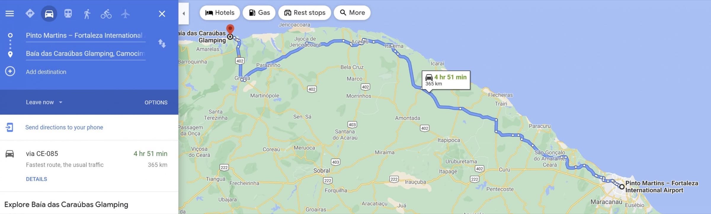 Map from Fortaleza to Baia Das Caraubas