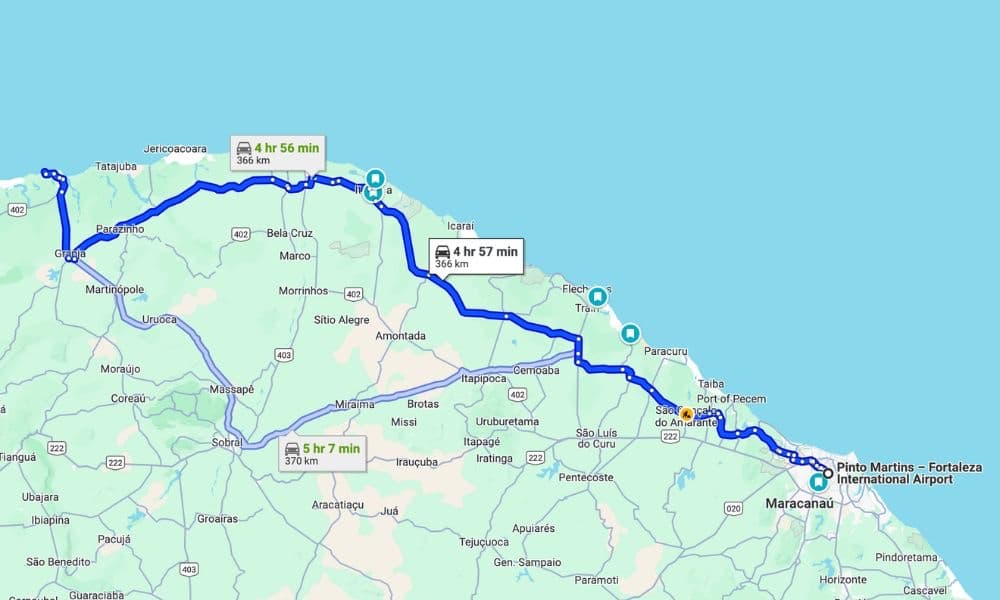 Map showing route from Fortaleza airport to resort