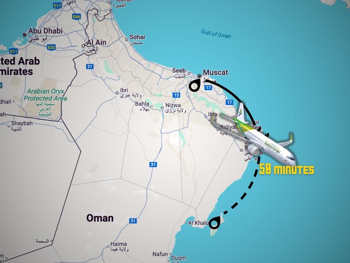 Flight route from Muscat to Masirah Island