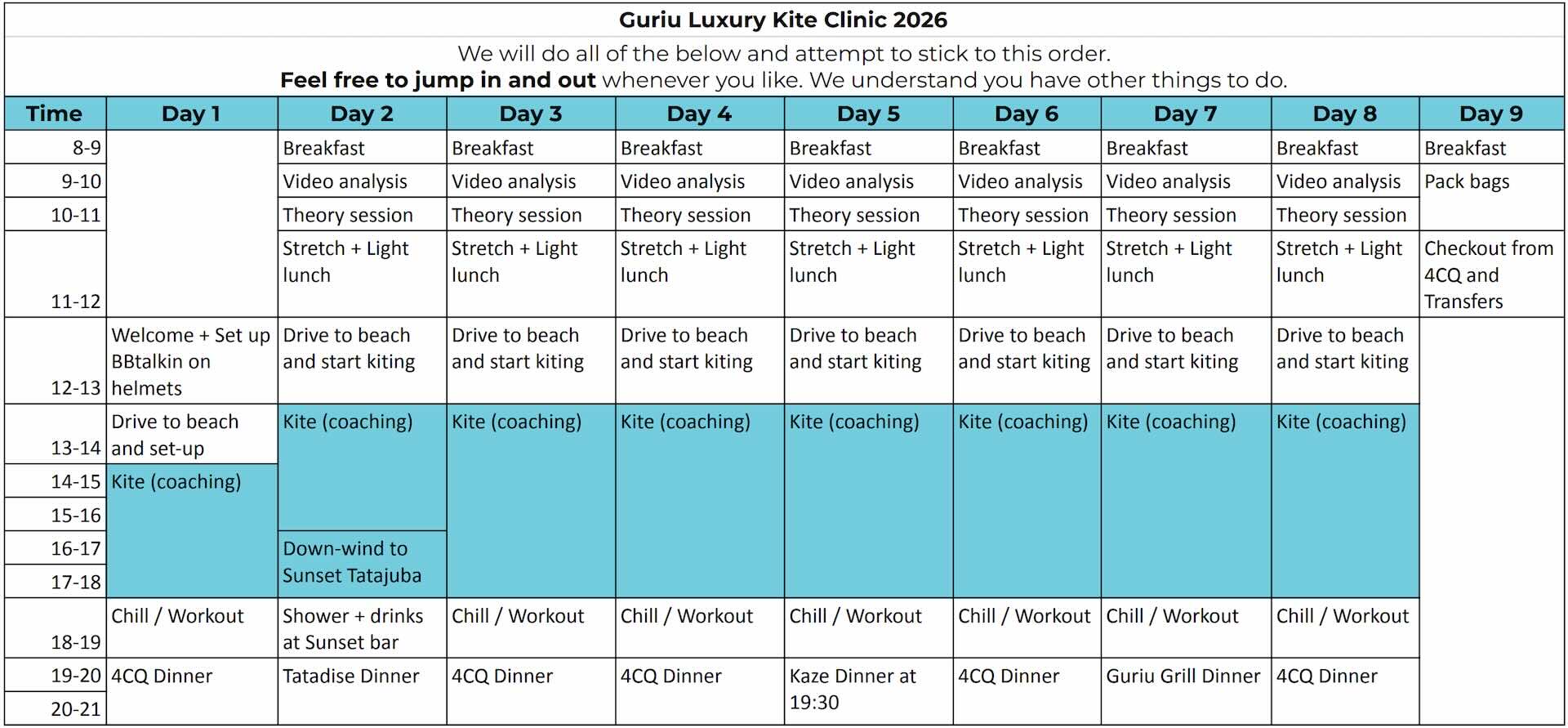Guriu Luxury Kite Clinic 2026 — Full Itinerary (tap to enlarge)